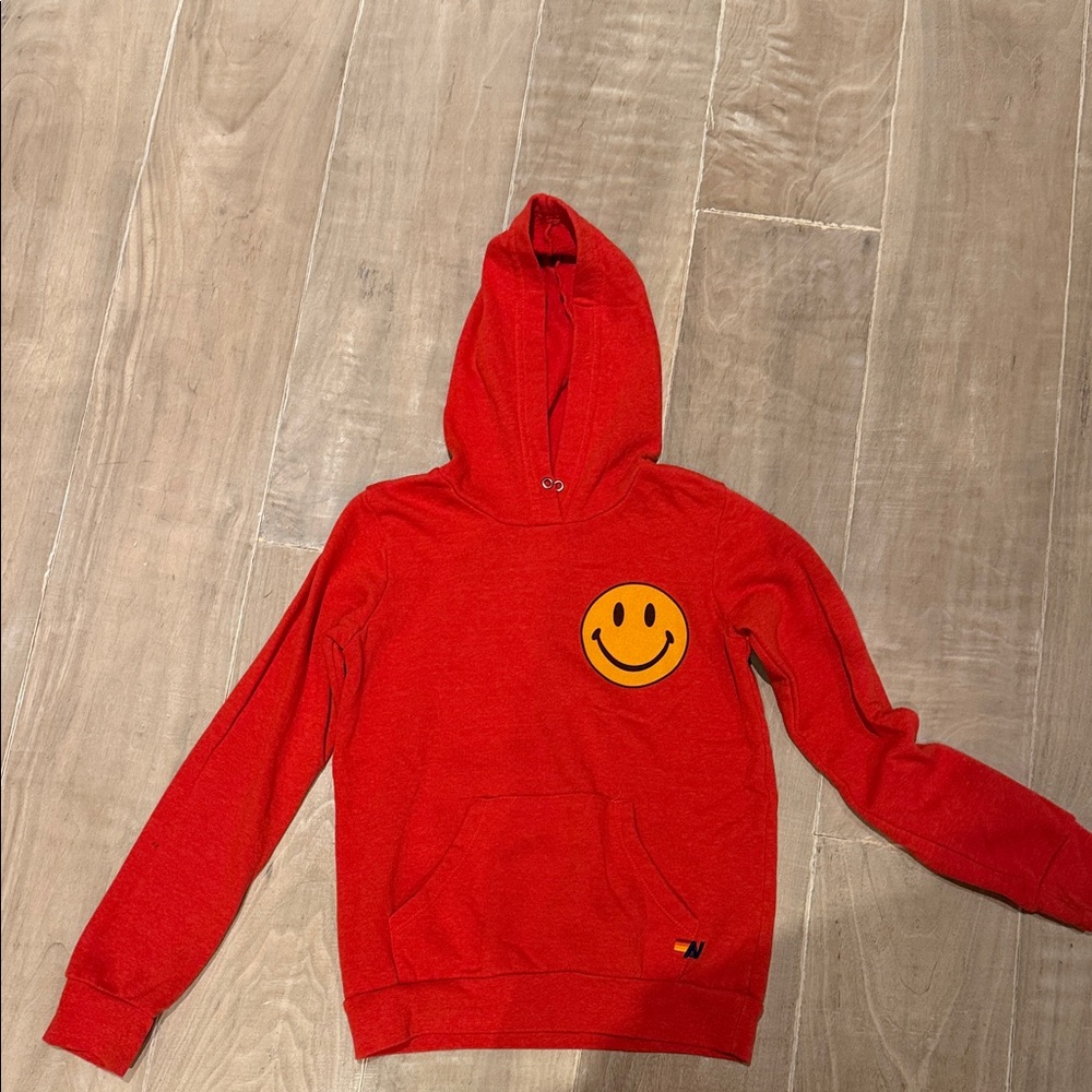 Aviator Nation Red Hoodie with Yellow Smiley Patch